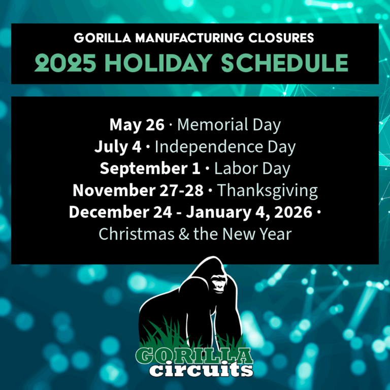 2025 Holiday Schedule 2025 Holiday Schedule for Gorilla PCB Manufacturing, Assembly