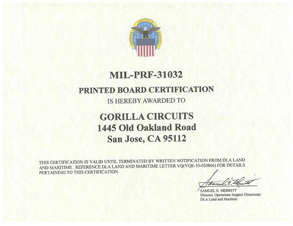 Printed Board Certification awarded to Gorilla Circuits.